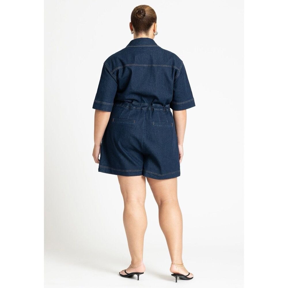 Eloquii Denim Collared Wrap Romper Women Plus Size 20 Dark Blue Utility Chic - Picture 3 of 13